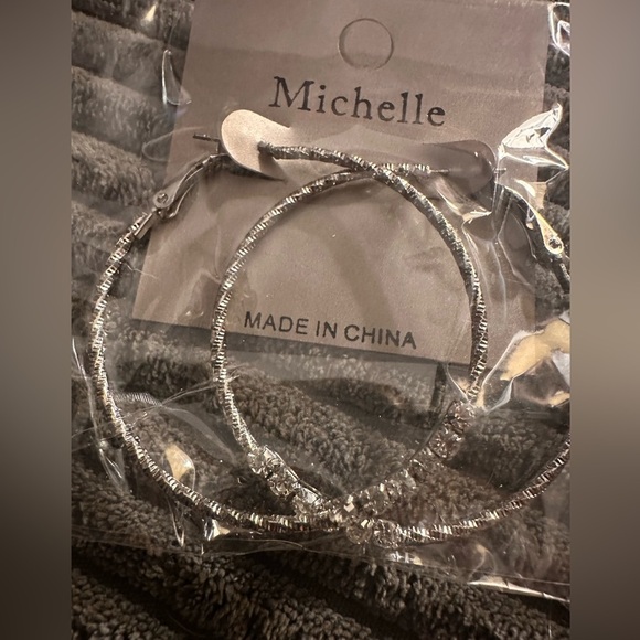 Large  Silver Tone Classic Hoop Earrings with Rhinestone Detail - Picture 2 of 3